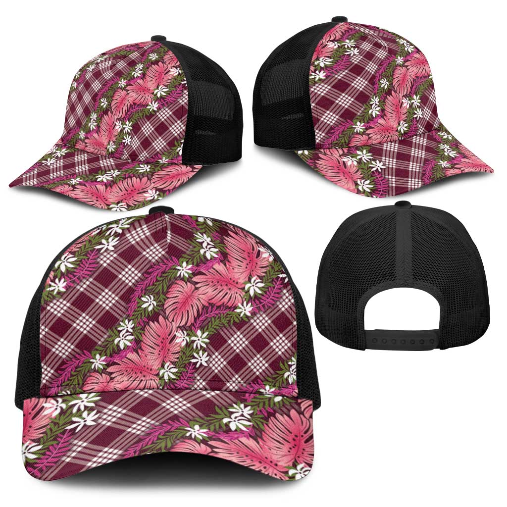 Polynesian Monstera Tiare Floral Baseball Net Cap Fuchsia Tropical Plaid - Polynesian Pride