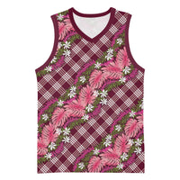 Polynesian Monstera Tiare Floral Basketball Jersey Fuchsia Tropical Plaid - Polynesian Pride