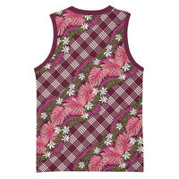 Polynesian Monstera Tiare Floral Basketball Jersey Fuchsia Tropical Plaid - Polynesian Pride