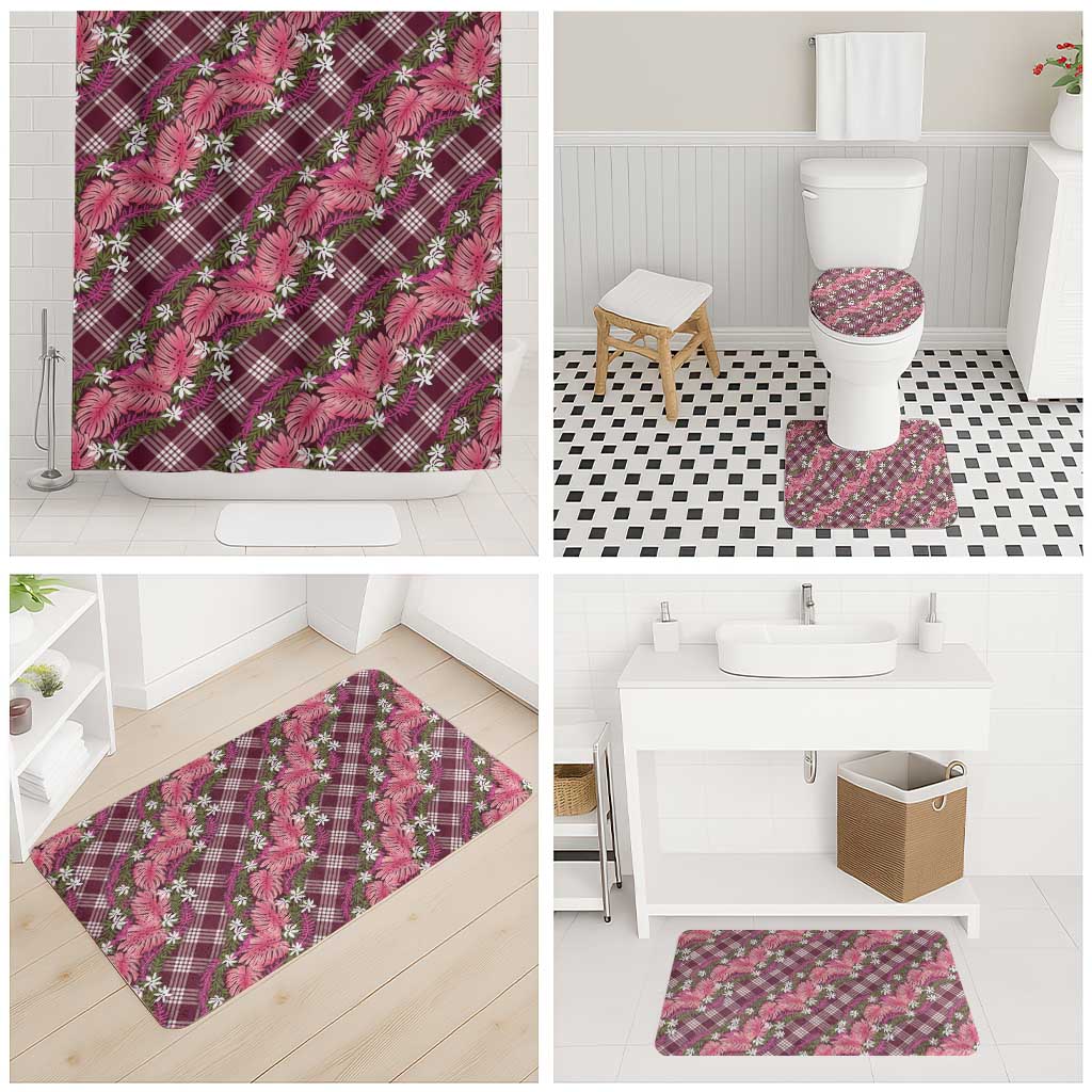 Polynesian Monstera Tiare Floral Bathroom Set Fuchsia Tropical Plaid - Polynesian Pride