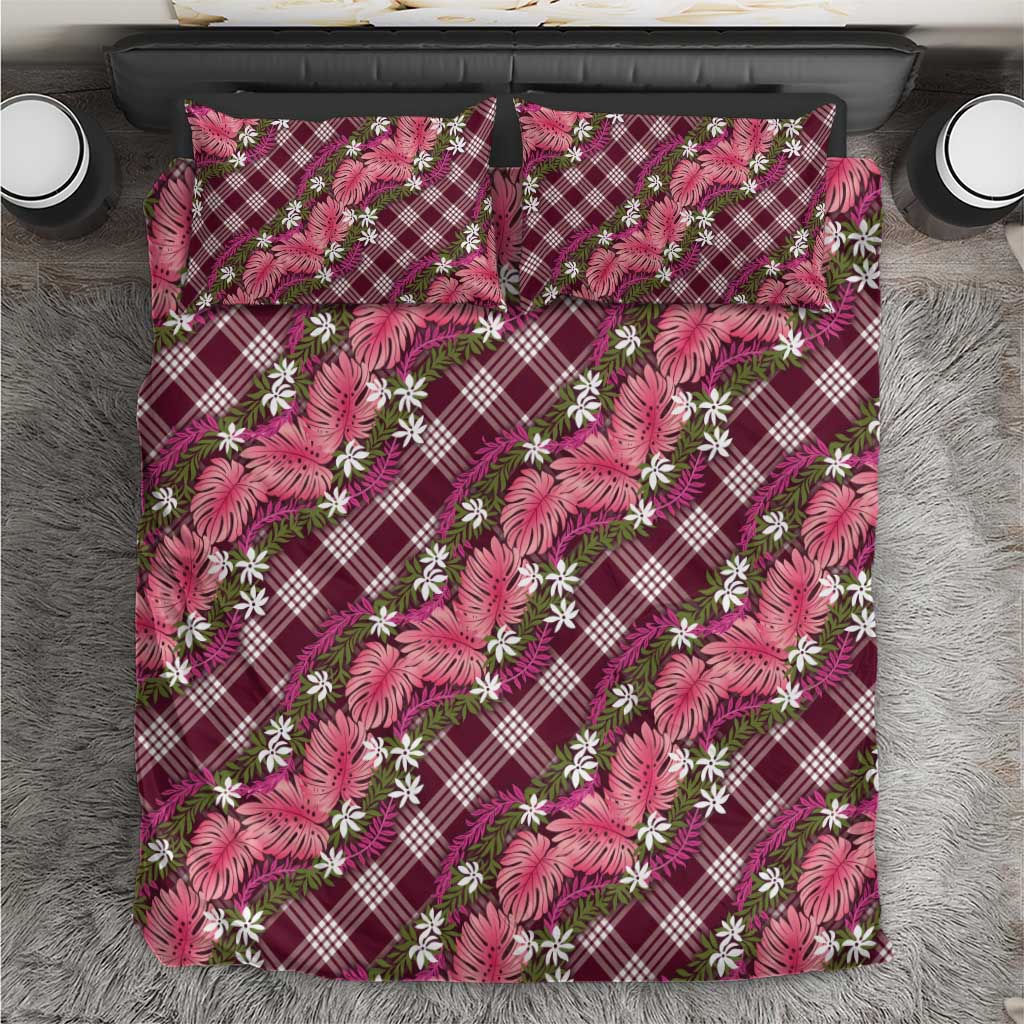Polynesian Monstera Tiare Floral Bedding Set Fuchsia Tropical Plaid - Polynesian Pride