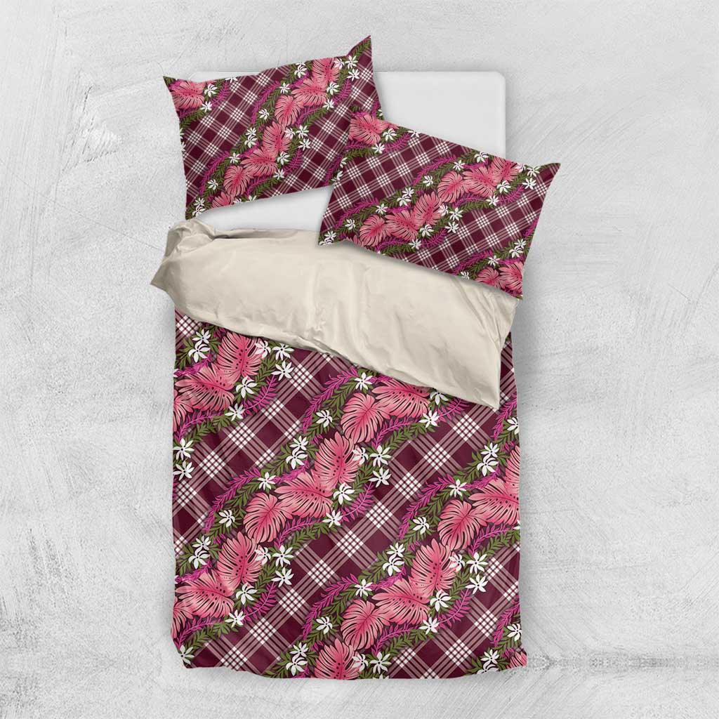 Polynesian Monstera Tiare Floral Bedding Set Fuchsia Tropical Plaid - Polynesian Pride