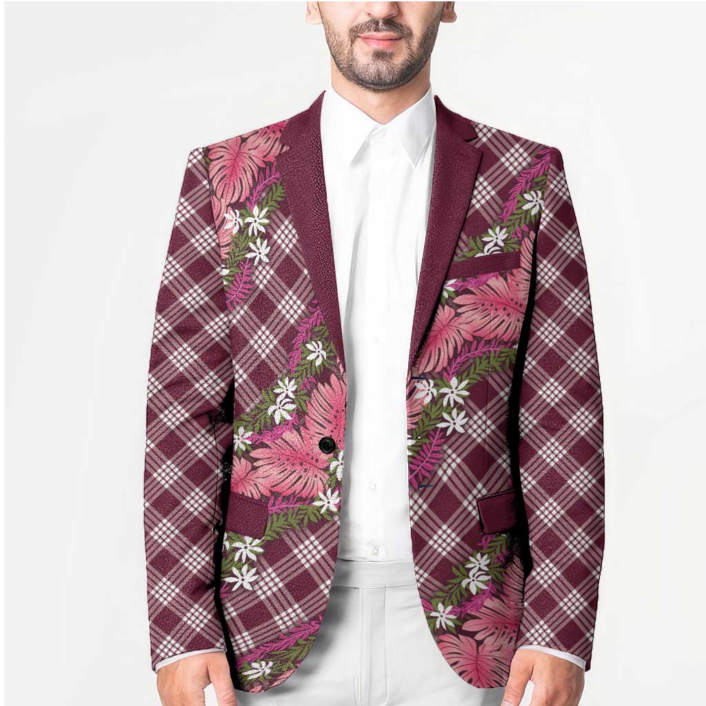 Polynesian Monstera Tiare Floral Blazer Fuchsia Tropical Plaid - Polynesian Pride