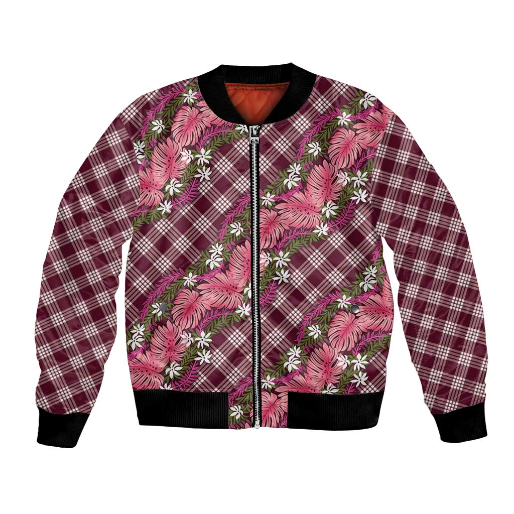 Polynesian Monstera Tiare Floral Bomber Jacket Fuchsia Tropical Plaid LT01 Unisex Pink - Polynesian Pride