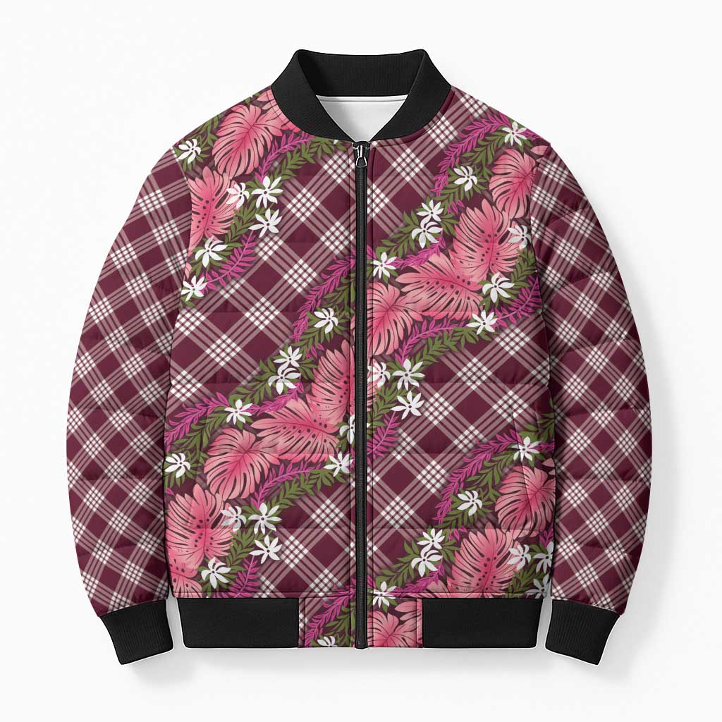 Polynesian Monstera Tiare Floral Bomber Puffer Jacket Fuchsia Tropical Plaid - Polynesian Pride