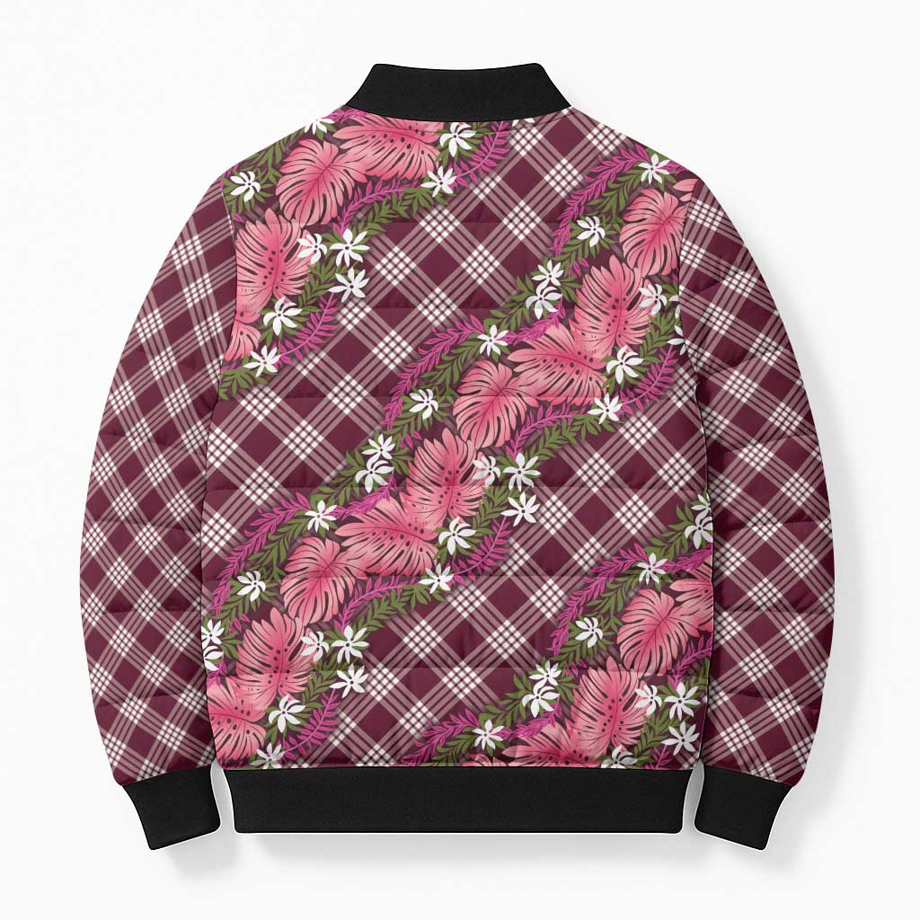 Polynesian Monstera Tiare Floral Bomber Puffer Jacket Fuchsia Tropical Plaid - Polynesian Pride