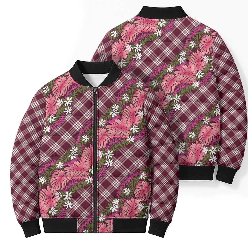 Polynesian Monstera Tiare Floral Bomber Puffer Jacket Fuchsia Tropical Plaid - Polynesian Pride