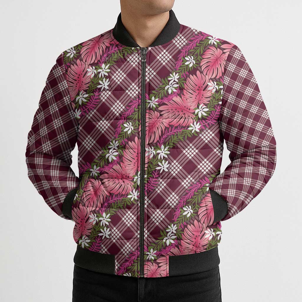 Polynesian Monstera Tiare Floral Bomber Puffer Jacket Fuchsia Tropical Plaid - Polynesian Pride