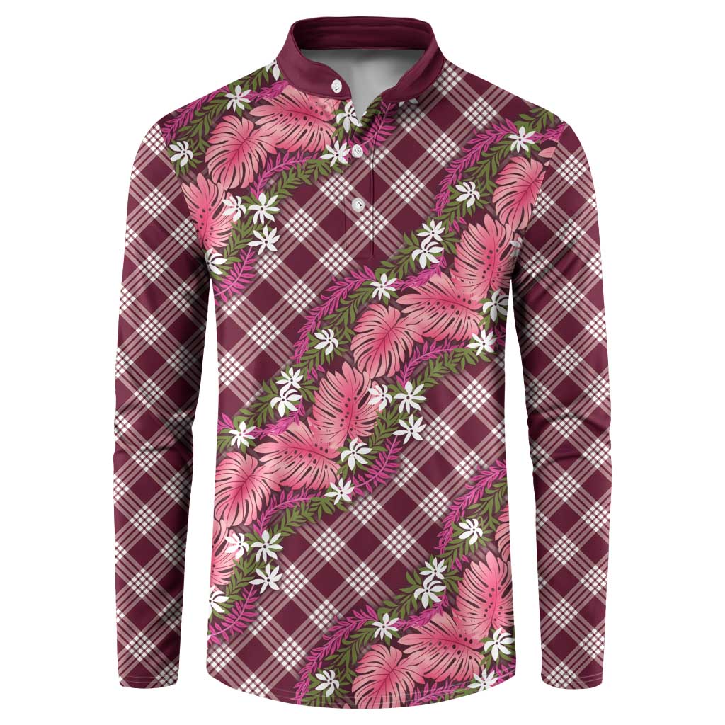 Polynesian Monstera Tiare Floral Button Sweatshirt Fuchsia Tropical Plaid - Polynesian Pride