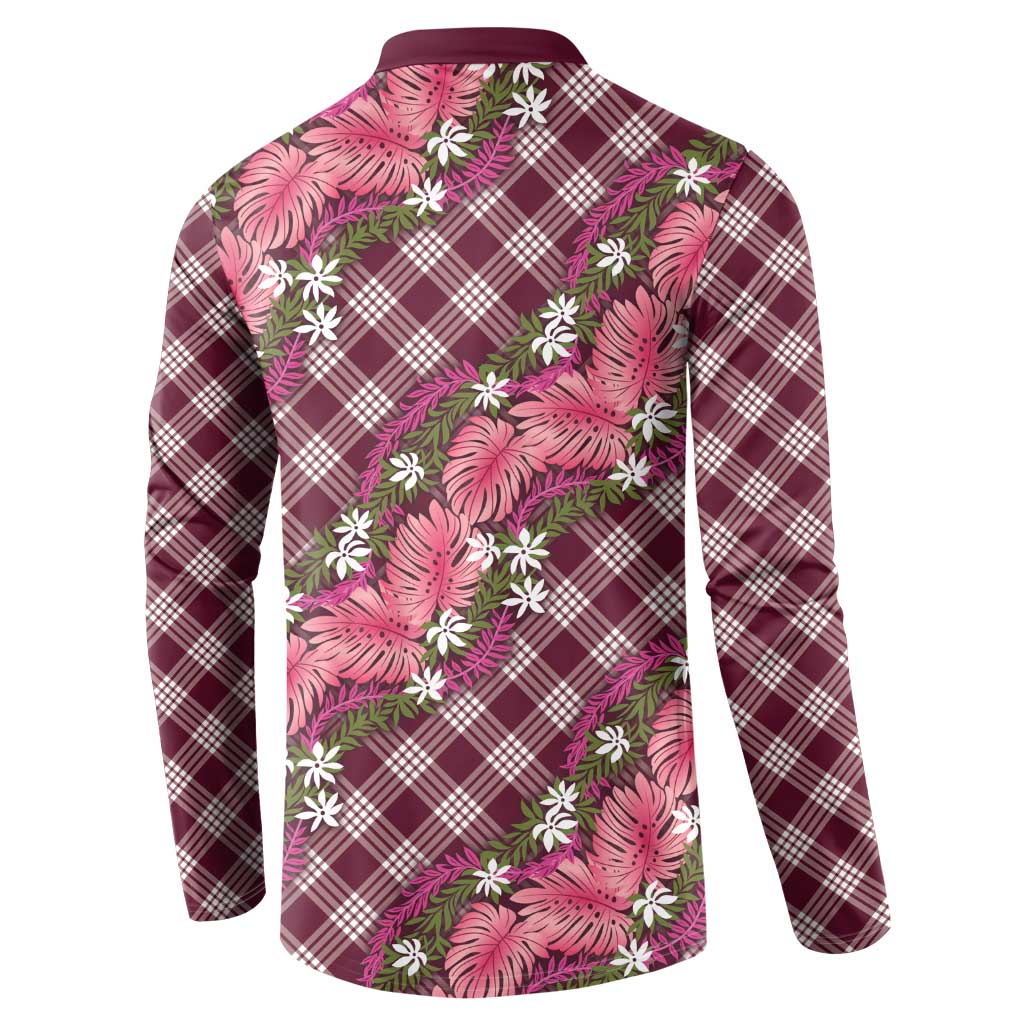 Polynesian Monstera Tiare Floral Button Sweatshirt Fuchsia Tropical Plaid - Polynesian Pride