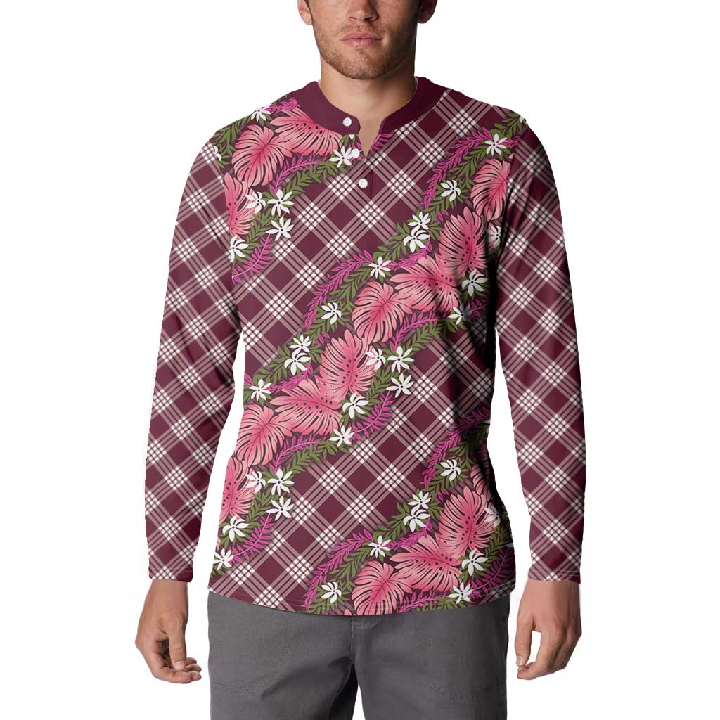 Polynesian Monstera Tiare Floral Button Sweatshirt Fuchsia Tropical Plaid - Polynesian Pride