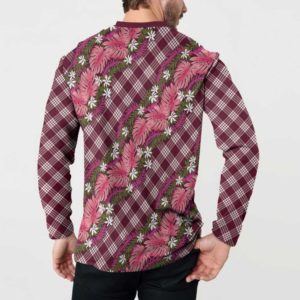 Polynesian Monstera Tiare Floral Button Sweatshirt Fuchsia Tropical Plaid - Polynesian Pride