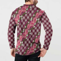 Polynesian Monstera Tiare Floral Button Sweatshirt Fuchsia Tropical Plaid - Polynesian Pride