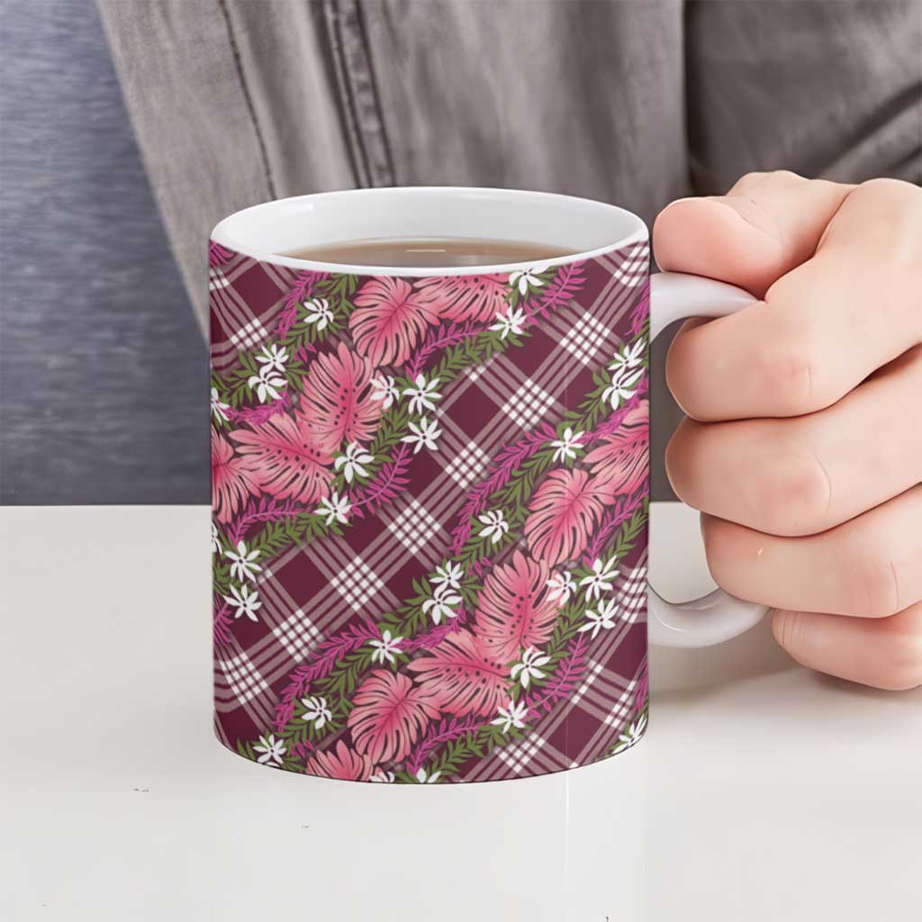 Polynesian Monstera Tiare Floral Ceramic Mug Fuchsia Tropical Plaid - Polynesian Pride