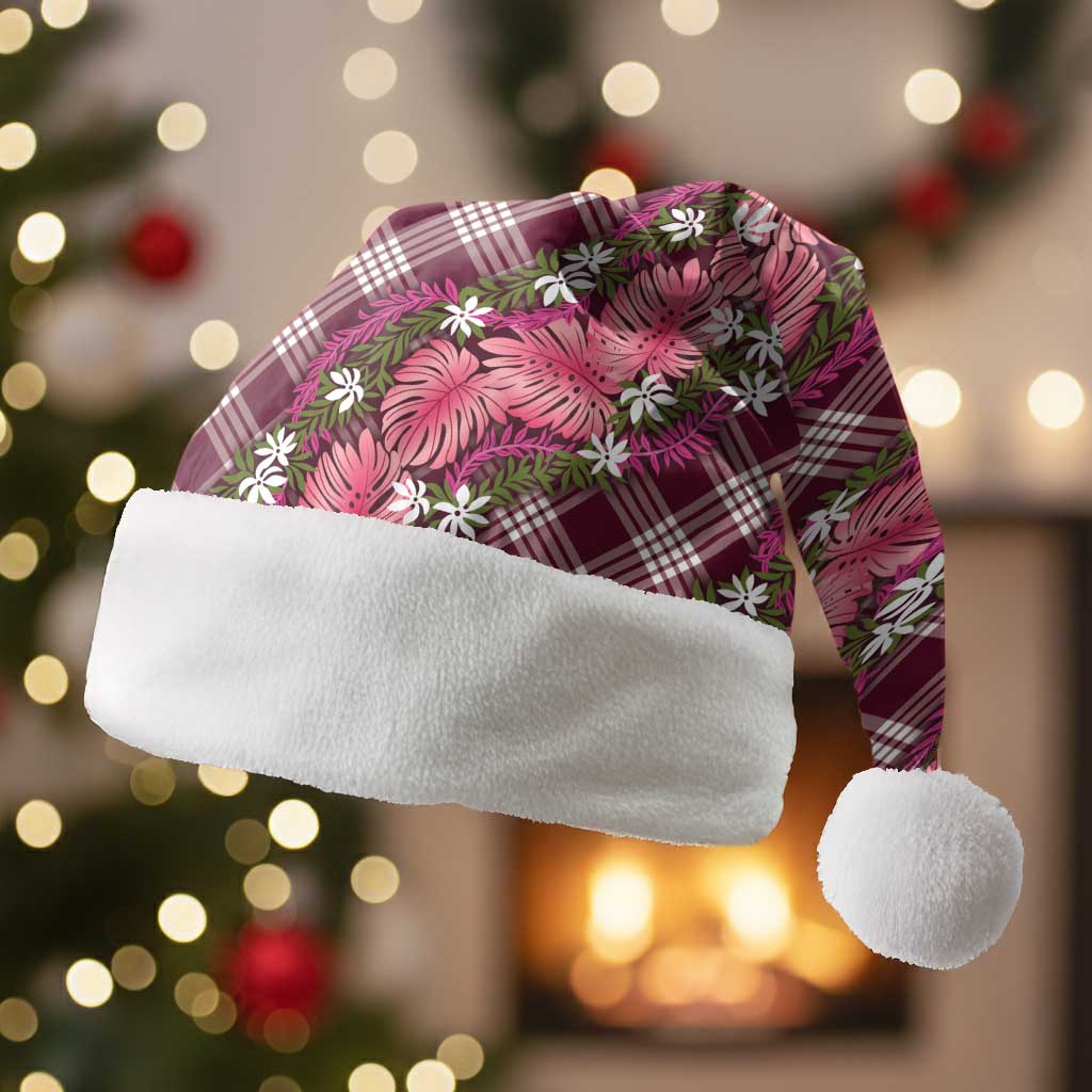 Polynesian Monstera Tiare Floral Christmas Santa Hat Fuchsia Tropical Plaid - Polynesian Pride