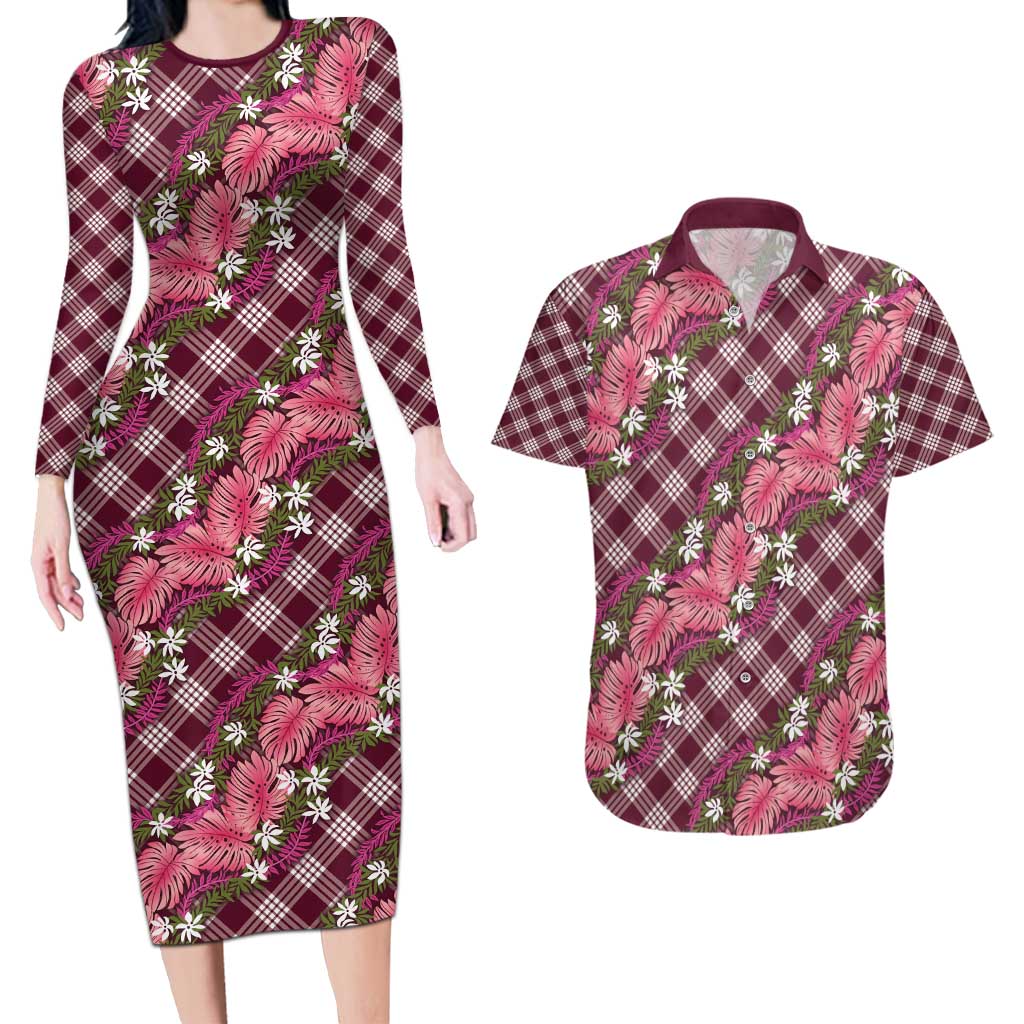 Polynesian Monstera Tiare Floral Couples Matching Long Sleeve Bodycon Dress and Hawaiian Shirt Fuchsia Tropical Plaid LT01 Pink - Polynesian Pride