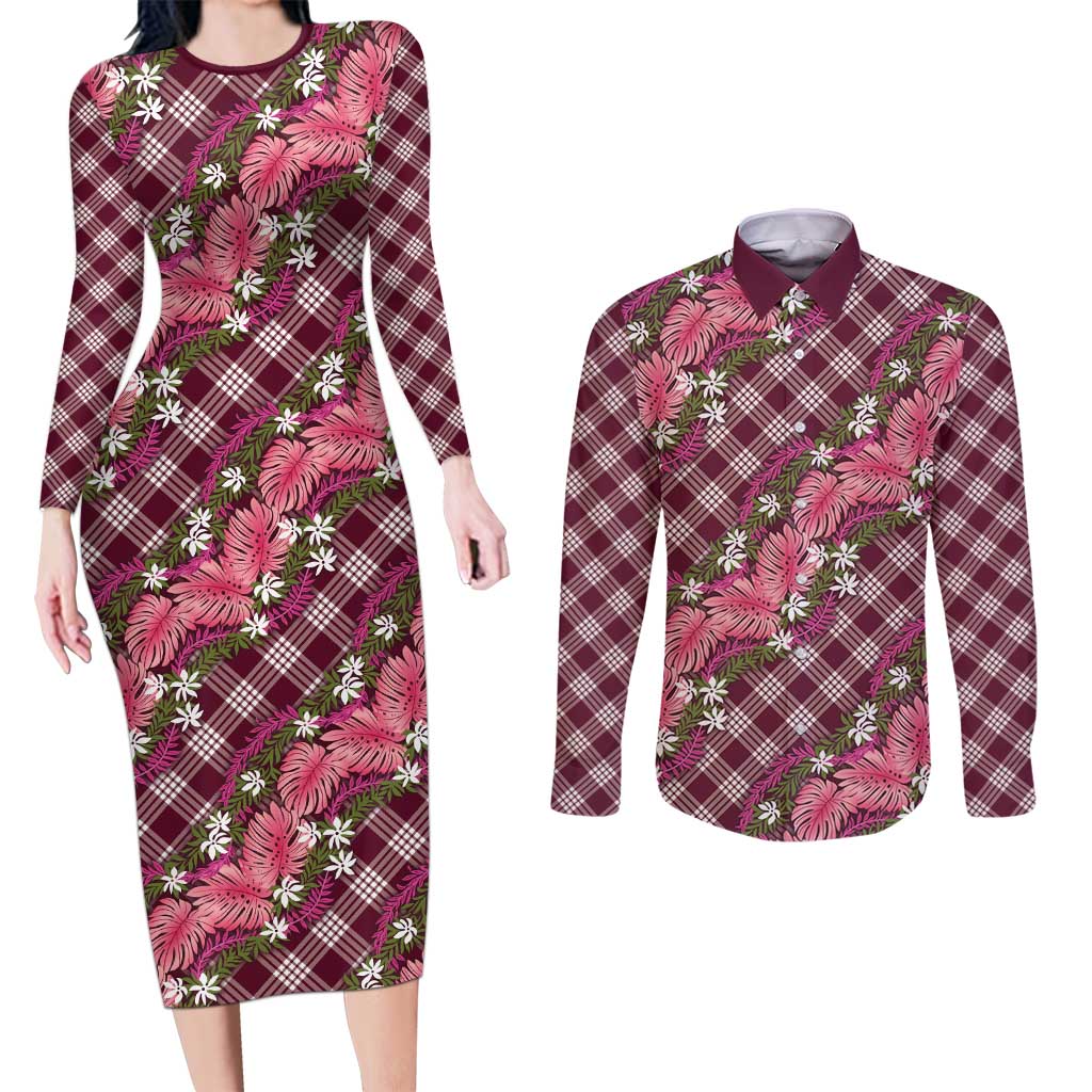 Polynesian Monstera Tiare Floral Couples Matching Long Sleeve Bodycon Dress and Long Sleeve Button Shirt Fuchsia Tropical Plaid - Polynesian Pride