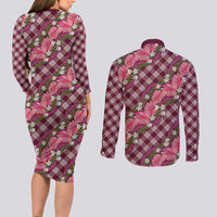 Polynesian Monstera Tiare Floral Couples Matching Long Sleeve Bodycon Dress and Long Sleeve Button Shirt Fuchsia Tropical Plaid - Polynesian Pride