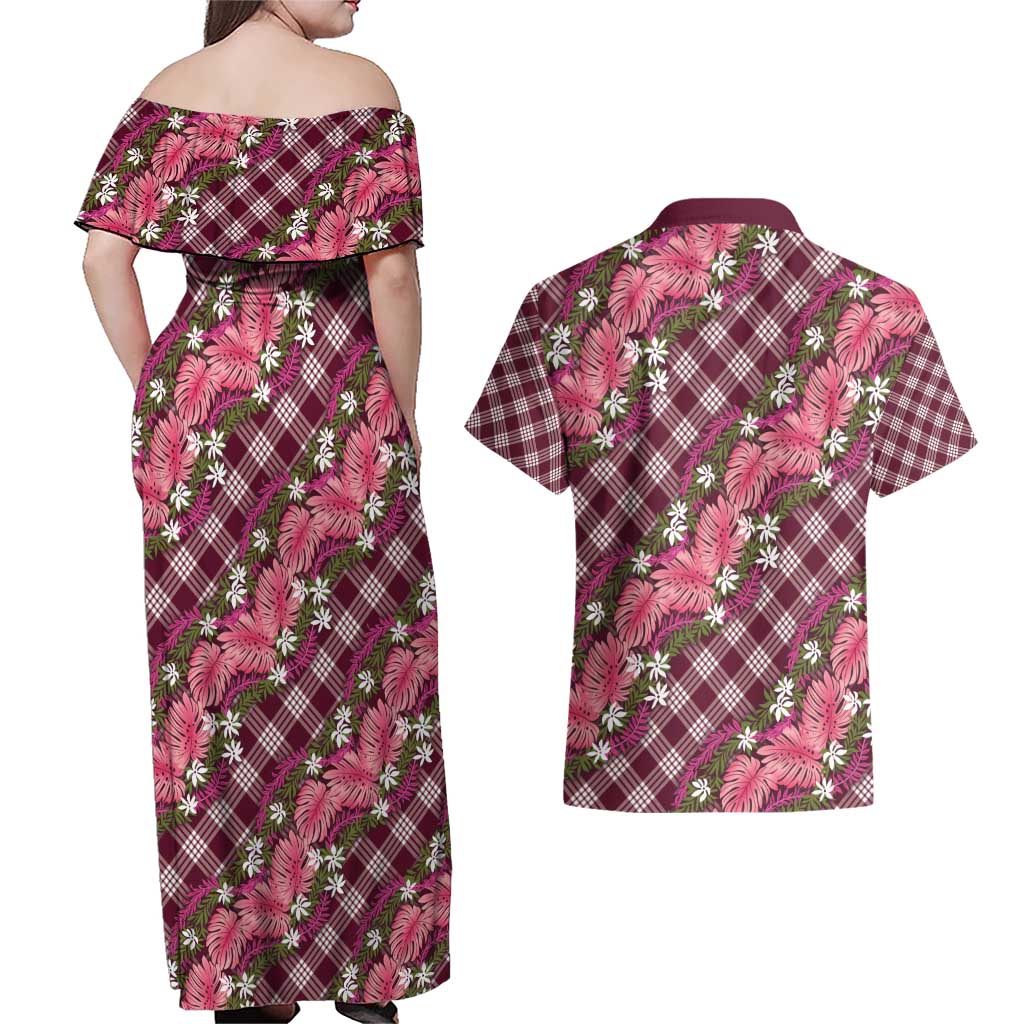 Polynesian Monstera Tiare Floral Couples Matching Off Shoulder Maxi Dress and Hawaiian Shirt Fuchsia Tropical Plaid - Polynesian Pride