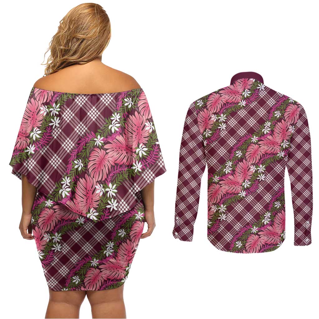 Polynesian Monstera Tiare Floral Couples Matching Off Shoulder Short Dress and Long Sleeve Button Shirt Fuchsia Tropical Plaid - Polynesian Pride