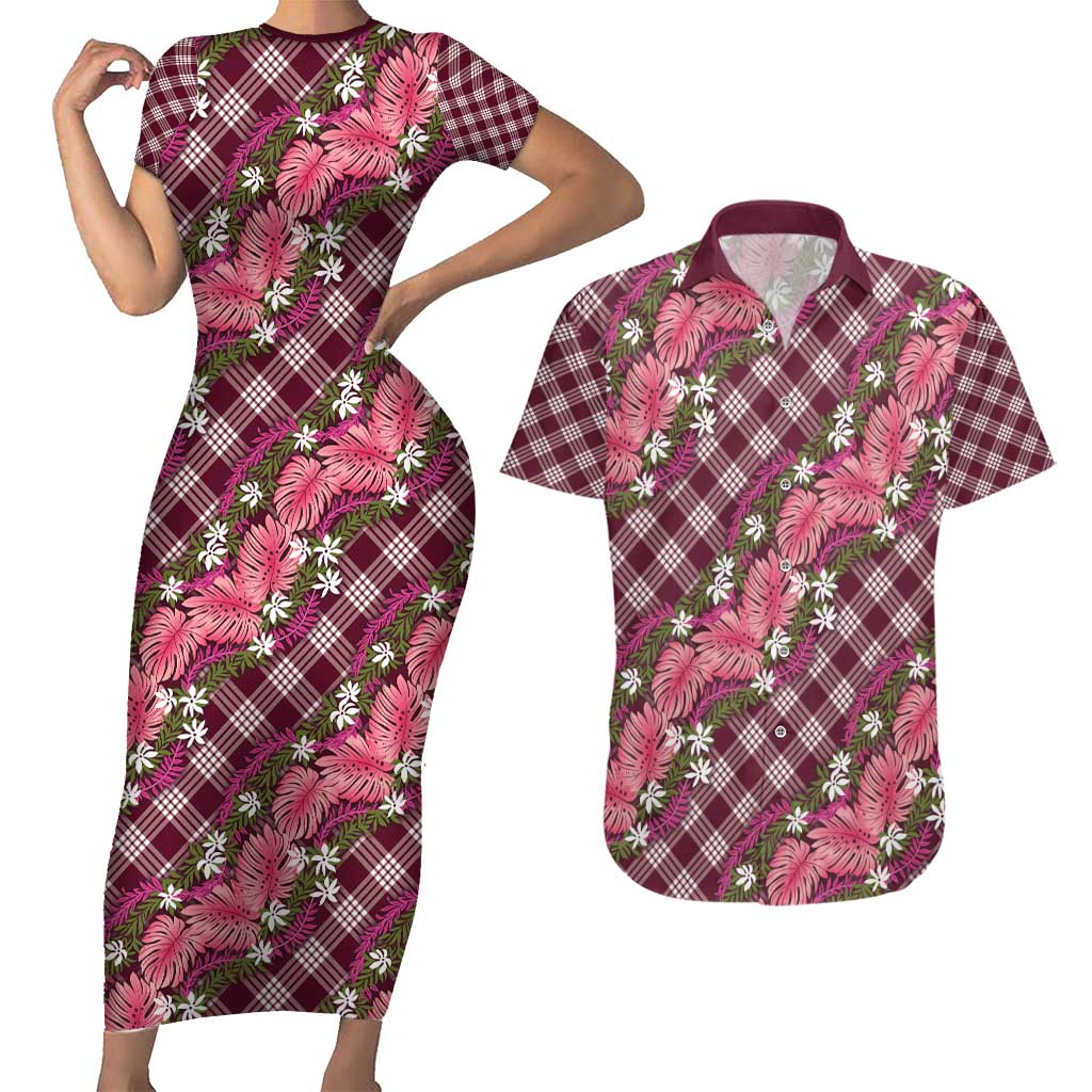 Polynesian Monstera Tiare Floral Couples Matching Short Sleeve Bodycon Dress and Hawaiian Shirt Fuchsia Tropical Plaid - Polynesian Pride