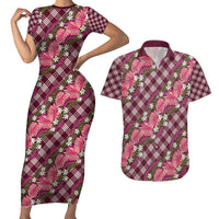 Polynesian Monstera Tiare Floral Couples Matching Short Sleeve Bodycon Dress and Hawaiian Shirt Fuchsia Tropical Plaid - Polynesian Pride