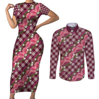 Polynesian Monstera Tiare Floral Couples Matching Short Sleeve Bodycon Dress and Long Sleeve Button Shirt Fuchsia Tropical Plaid - Polynesian Pride