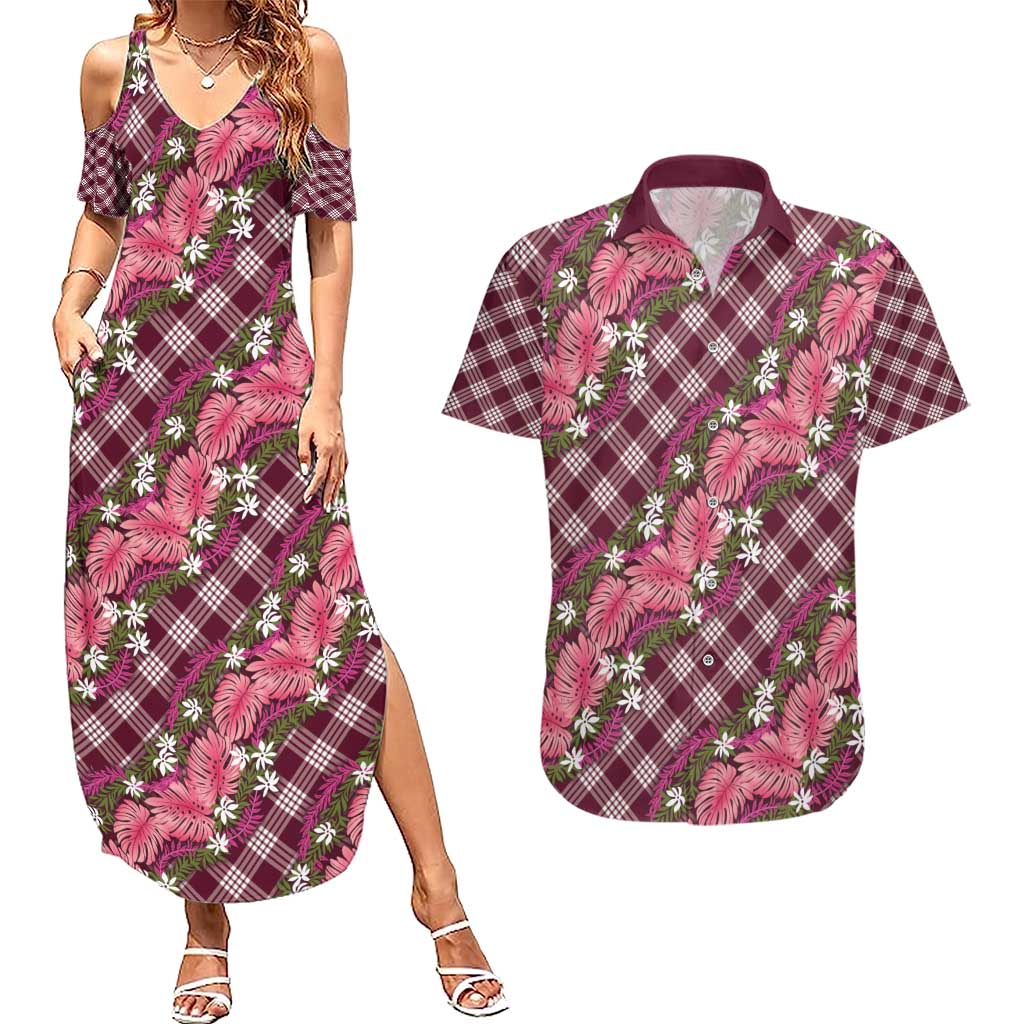 Polynesian Monstera Tiare Floral Couples Matching Summer Maxi Dress and Hawaiian Shirt Fuchsia Tropical Plaid - Polynesian Pride