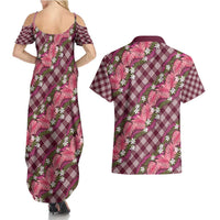 Polynesian Monstera Tiare Floral Couples Matching Summer Maxi Dress and Hawaiian Shirt Fuchsia Tropical Plaid - Polynesian Pride