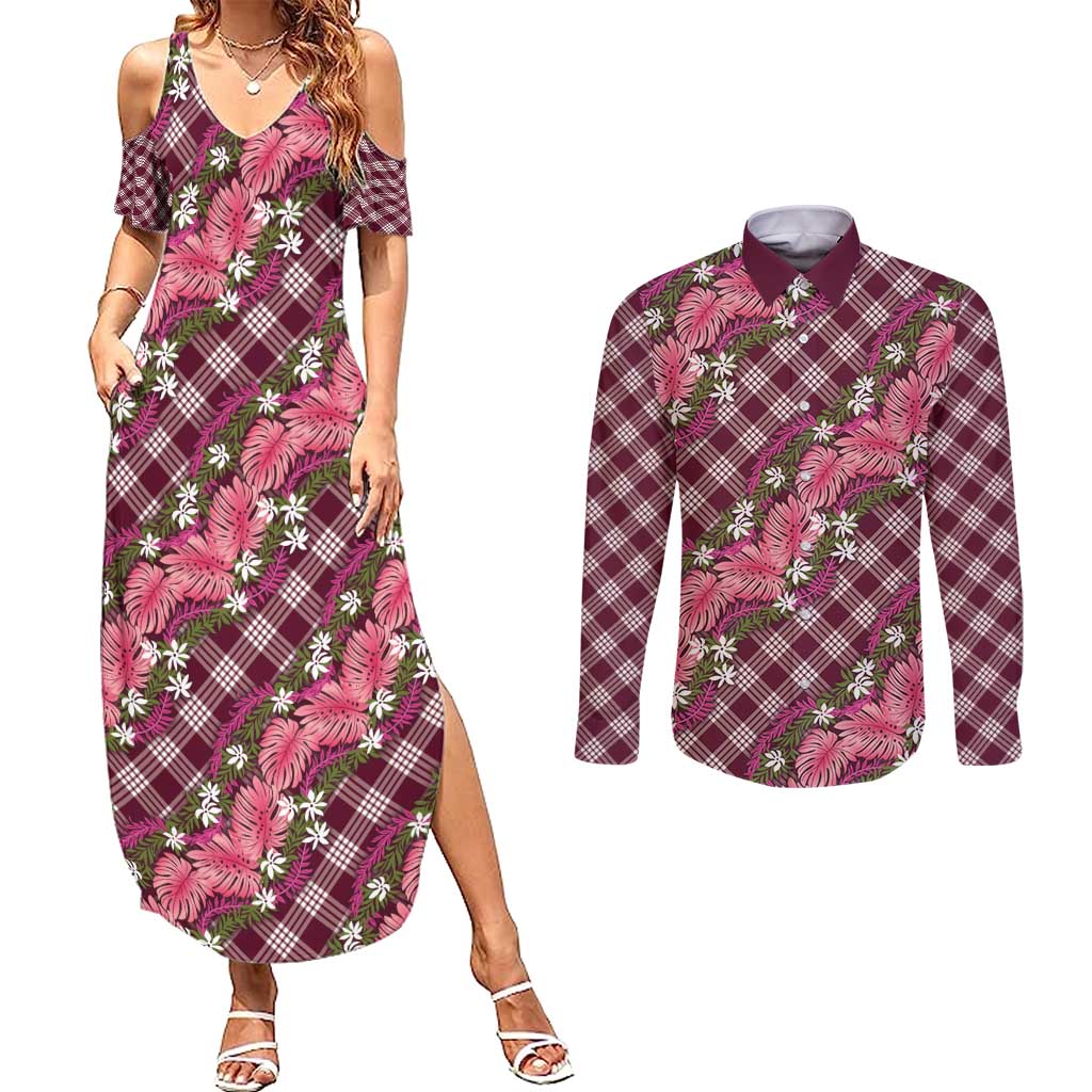 Polynesian Monstera Tiare Floral Couples Matching Summer Maxi Dress and Long Sleeve Button Shirt Fuchsia Tropical Plaid - Polynesian Pride