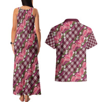 Polynesian Monstera Tiare Floral Couples Matching Tank Maxi Dress and Hawaiian Shirt Fuchsia Tropical Plaid - Polynesian Pride