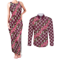 Polynesian Monstera Tiare Floral Couples Matching Tank Maxi Dress and Long Sleeve Button Shirt Fuchsia Tropical Plaid - Polynesian Pride