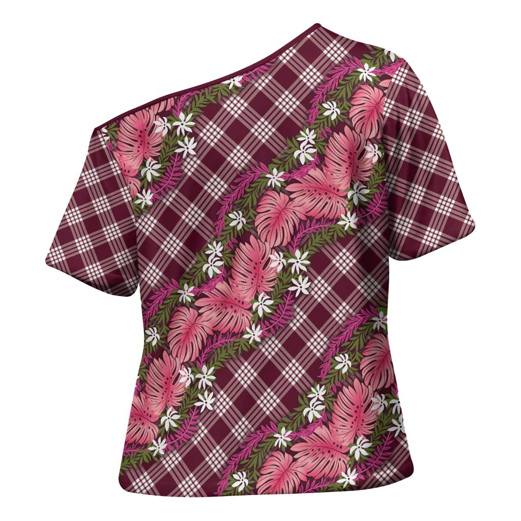 Polynesian Monstera Tiare Floral Cross Shoulder Shirt Fuchsia Tropical Plaid - Polynesian Pride