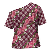 Polynesian Monstera Tiare Floral Cross Shoulder Shirt Fuchsia Tropical Plaid - Polynesian Pride
