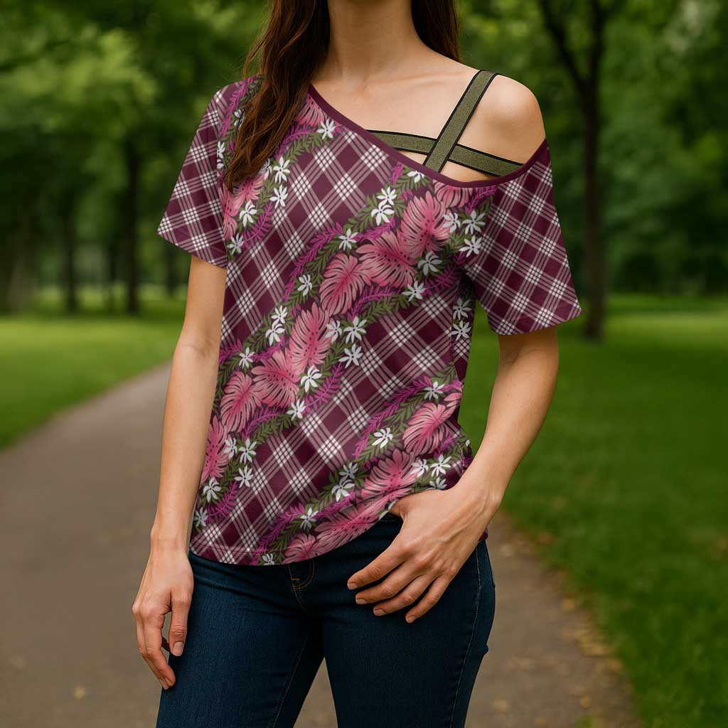 Polynesian Monstera Tiare Floral Cross Shoulder Shirt Fuchsia Tropical Plaid - Polynesian Pride