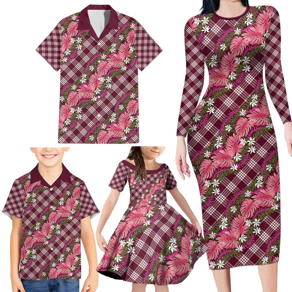 Polynesian Monstera Tiare Floral Family Matching Long Sleeve Bodycon Dress and Hawaiian Shirt Fuchsia Tropical Plaid LT01 - Polynesian Pride