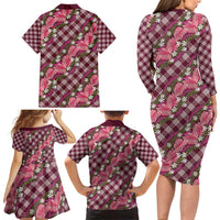 Polynesian Monstera Tiare Floral Family Matching Long Sleeve Bodycon Dress and Hawaiian Shirt Fuchsia Tropical Plaid - Polynesian Pride