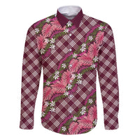 Polynesian Monstera Tiare Floral Family Matching Long Sleeve Bodycon Dress and Hawaiian Shirt Fuchsia Tropical Plaid - Polynesian Pride