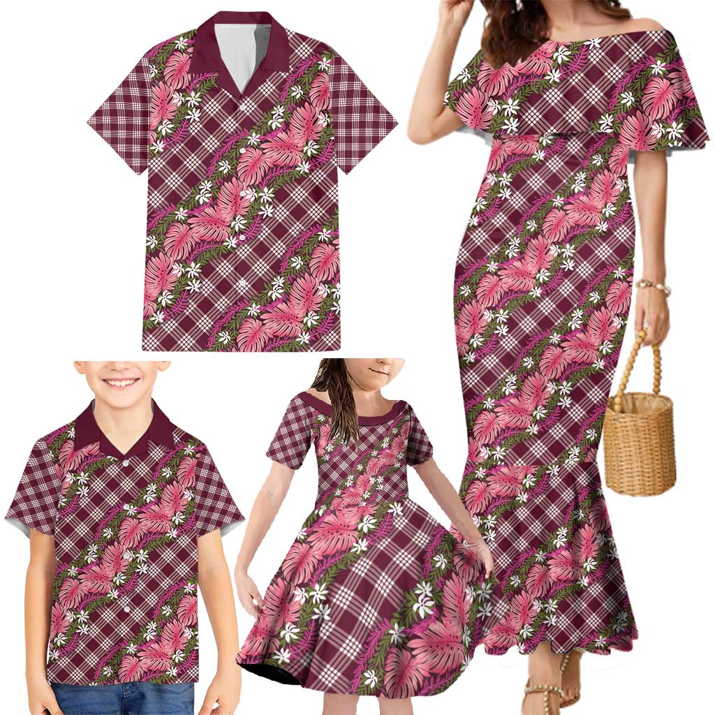 Polynesian Monstera Tiare Floral Family Matching Mermaid Dress and Hawaiian Shirt Fuchsia Tropical Plaid - Polynesian Pride