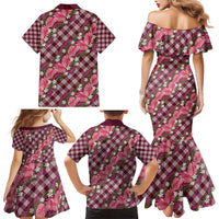 Polynesian Monstera Tiare Floral Family Matching Mermaid Dress and Hawaiian Shirt Fuchsia Tropical Plaid - Polynesian Pride