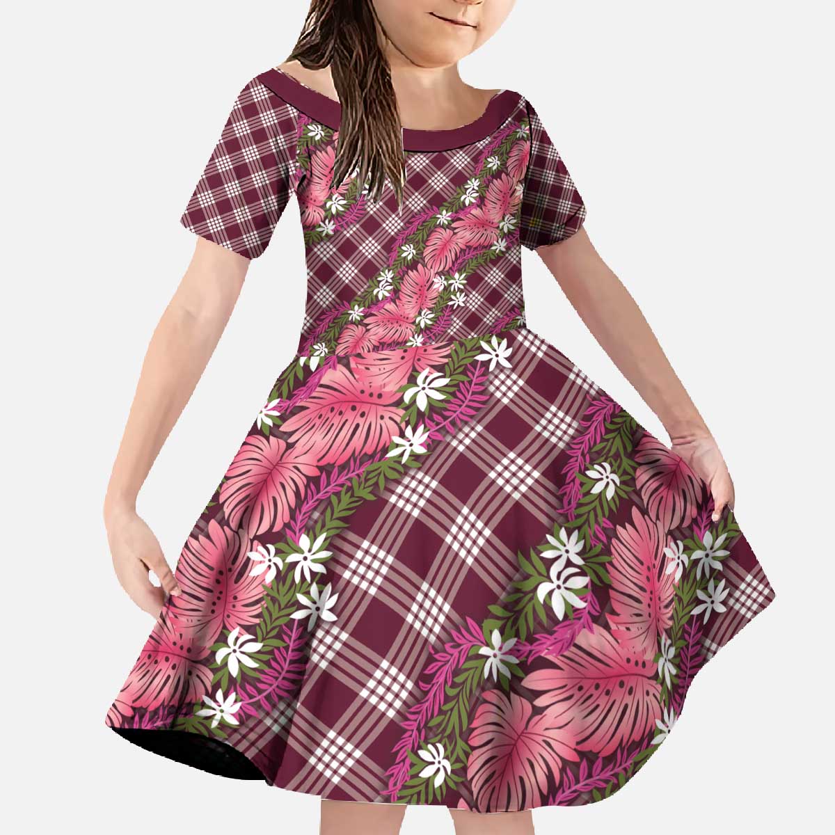 Polynesian Monstera Tiare Floral Family Matching Off The Shoulder Long Sleeve Dress and Hawaiian Shirt Fuchsia Tropical Plaid - Polynesian Pride