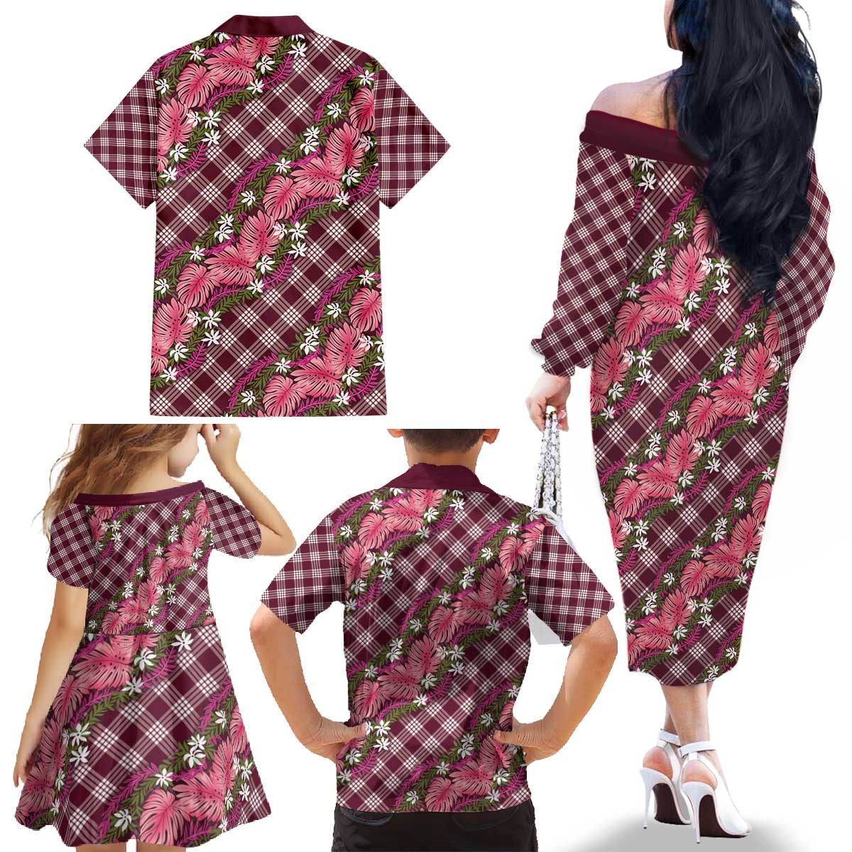 Polynesian Monstera Tiare Floral Family Matching Off The Shoulder Long Sleeve Dress and Hawaiian Shirt Fuchsia Tropical Plaid - Polynesian Pride