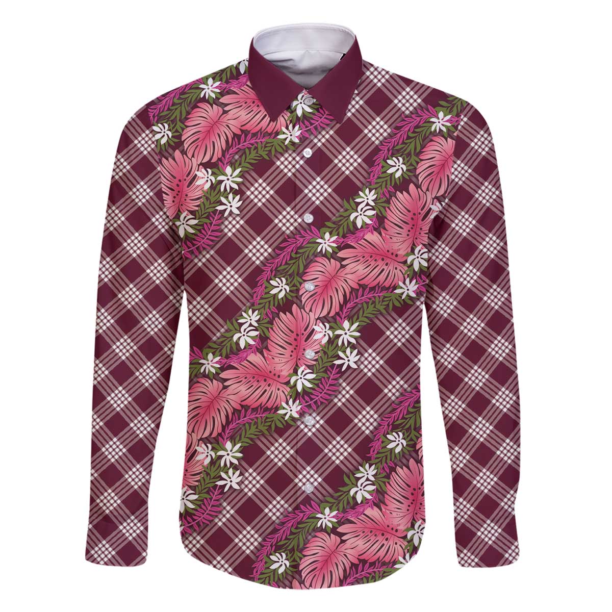 Polynesian Monstera Tiare Floral Family Matching Off The Shoulder Long Sleeve Dress and Hawaiian Shirt Fuchsia Tropical Plaid - Polynesian Pride