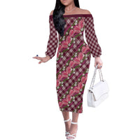 Polynesian Monstera Tiare Floral Family Matching Off The Shoulder Long Sleeve Dress and Hawaiian Shirt Fuchsia Tropical Plaid - Polynesian Pride