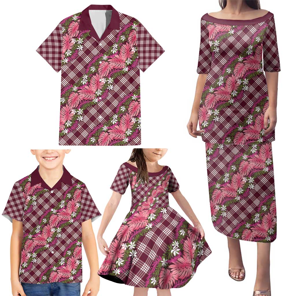 Polynesian Monstera Tiare Floral Family Matching Puletasi and Hawaiian Shirt Fuchsia Tropical Plaid LT01 - Polynesian Pride