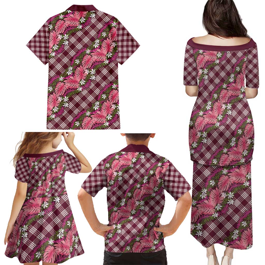 Polynesian Monstera Tiare Floral Family Matching Puletasi and Hawaiian Shirt Fuchsia Tropical Plaid - Polynesian Pride
