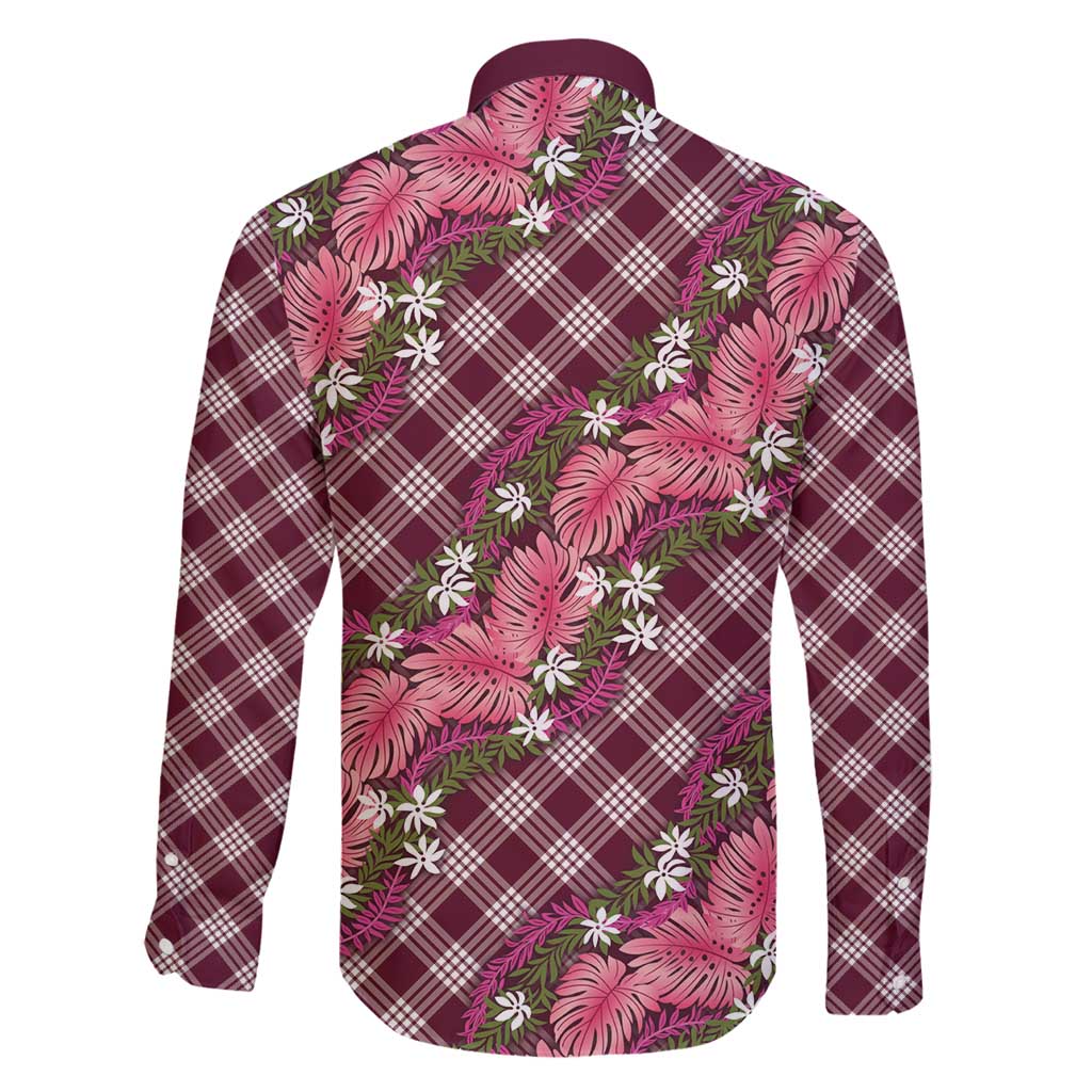 Polynesian Monstera Tiare Floral Family Matching Puletasi and Hawaiian Shirt Fuchsia Tropical Plaid - Polynesian Pride