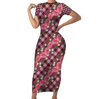 Polynesian Monstera Tiare Floral Family Matching Short Sleeve Bodycon Dress and Hawaiian Shirt Fuchsia Tropical Plaid - Polynesian Pride