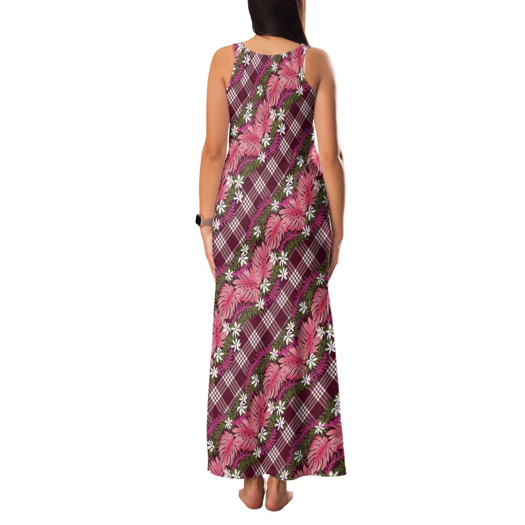 Polynesian Monstera Tiare Floral Family Matching Tank Maxi Dress and Hawaiian Shirt Fuchsia Tropical Plaid - Polynesian Pride