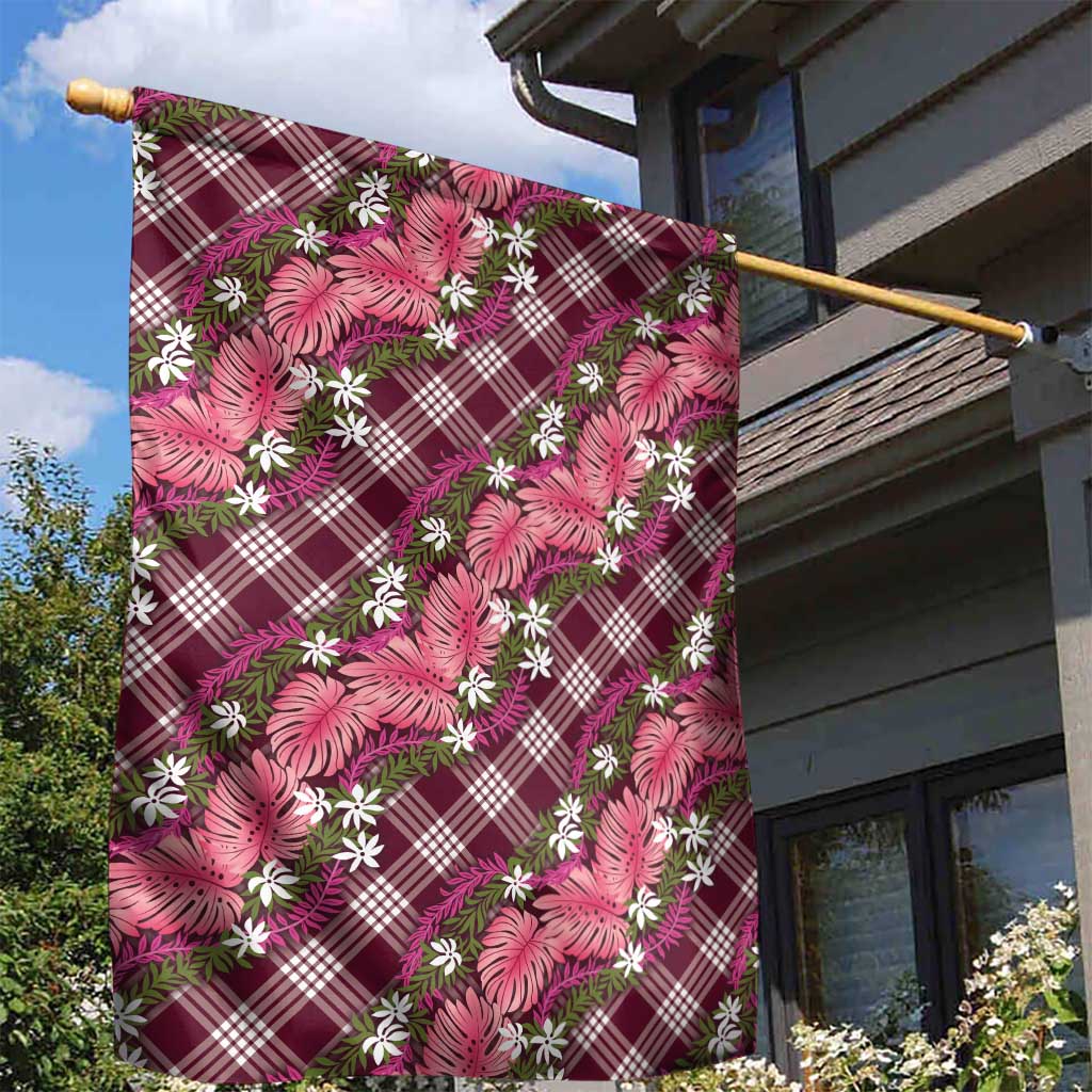 Polynesian Monstera Tiare Floral Garden Flag Fuchsia Tropical Plaid - Polynesian Pride